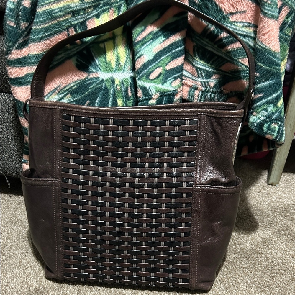 Brighton Woven Leather Tote Bag in Dark Brown with Bag